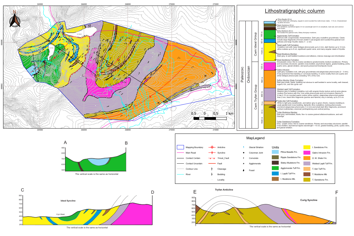 Geological map, stratigraphic column, and cross-sections of the Snowdonia region in North Wales
