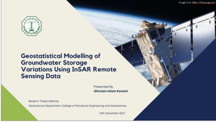 Master's thesis defense title slide at KFUPM, InSAR remote sensing for groundwater, December 2021
