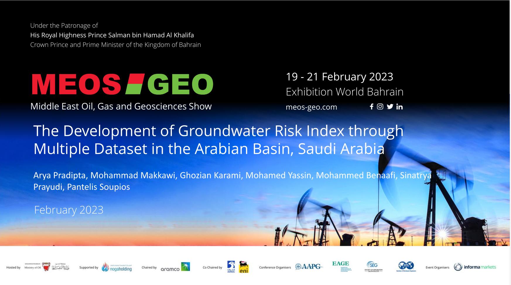 Conference title slide: MEOS GEO 2023 Bahrain, Groundwater Risk Index paper