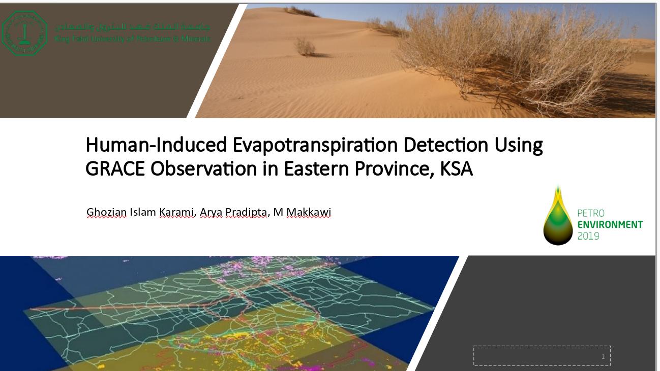 Conference title slide: Petro Environment 2019, GRACE evapotranspiration research at KFUPM